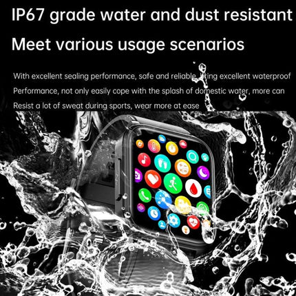 Smart Watch for Daily Health and Activity Monitoring showing IP67 water resistance with splash and app icons on screen