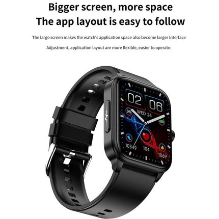 Smart Watch for Daily Health and Activity Monitoring - black smartwatch with large screen showing heart rate, steps, and app layout