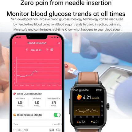 Smart Watch for Daily Health and Activity Monitoring showing blood glucose and heart rate tracking on watch and phone screens
