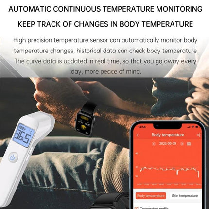 Smart Watch for Daily Health and Activity Monitoring showing continuous body temperature tracking on wrist, thermometer and app graph