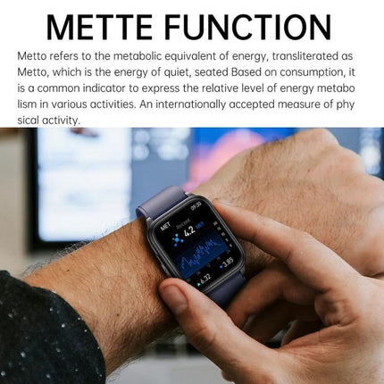 Smart Watch for Daily Health and Activity Monitoring on wrist displaying METT0 function and heart rate graphs