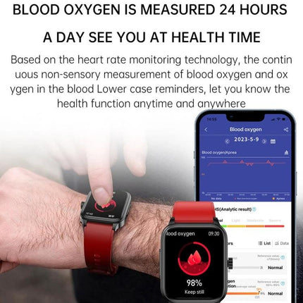 Smart Watch for Daily Health and Activity Monitoring showing blood oxygen and heart rate tracking on wrist and app