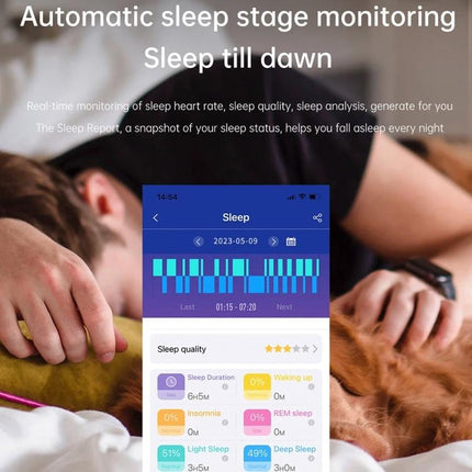 Smart Watch for Daily Health and Activity Monitoring showing sleep stage tracking app with sleep duration and quality summary