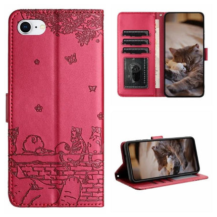 Leather Phone Case With Lanyard For Everyday Carry - red PU wallet case with cat embossing, card slots and stand function