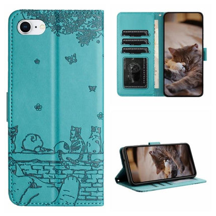 Leather Phone Case With Lanyard For Everyday Carry turquoise cat-etched PU wallet case with card slots, stand function and adjustable lanyard