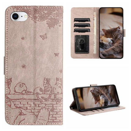 Leather Phone Case With Lanyard For Everyday Carry - pink PU wallet case with cat design, card slots and adjustable lanyard, hands-free stand