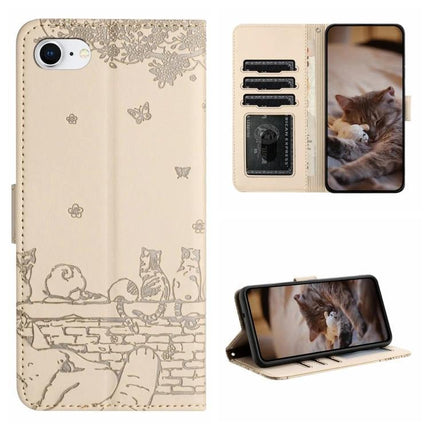 Leather Phone Case With Lanyard For Everyday Carry beige folio wallet with cat print, card slots and adjustable lanyard for hands-free use