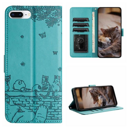 Leather Phone Case With Cat Design For Everyday Protection - teal PU wallet case with card slots, lanyard, stand and playful cat motif