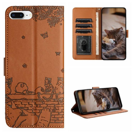 Leather Phone Case With Cat Design For Everyday Protection - brown PU wallet case with built-in stand, card slots and lanyard, cat motif