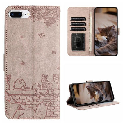 Leather Phone Case With Cat Design For Everyday Protection - pink PU wallet case with cat motif, card slots, lanyard and built-in stand