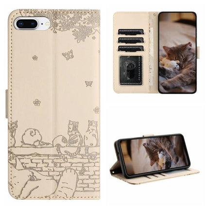 Leather Phone Case With Cat Design For Everyday Protection showing cream PU wallet case with cat motif, card slots, lanyard and built-in stand