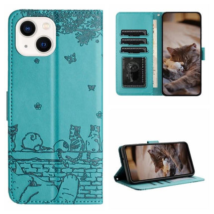 Leather Phone Case Cat Design For Daily Protection teal wallet case with cat illustrations, card slots, lanyard and hands-free stand