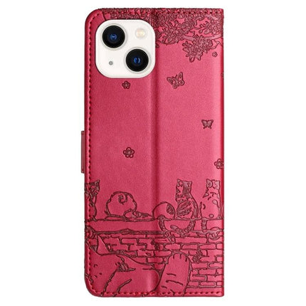 Leather Phone Case Cat Design For Daily Protection in red PU with cat motif, card slots, lanyard and hands-free holder
