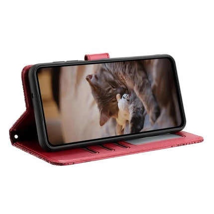 Leather Phone Case Cat Design For Daily Protection - red PU wallet case with card slots, lanyard hole and hands-free stand showing cat video