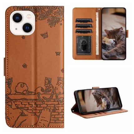 Leather Phone Case Cat Design For Daily Protection - brown PU wallet case with engraved cat motif, card slots, lanyard and stand for hands-free viewing