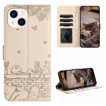 Leather Phone Case Cat Design For Daily Protection - beige PU wallet case with cat sketches, card slots, lanyard and stand for hands-free viewing