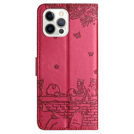Leather Phone Case With Lanyard For Everyday Carry - red PU folio wallet with embossed cats, butterflies and adjustable lanyard loop