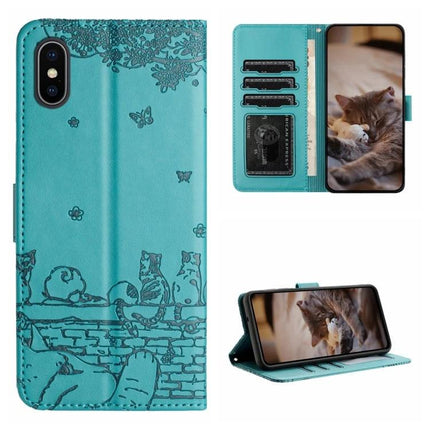 Leather Phone Case With Cat Design For Everyday Protection - teal PU wallet case with cat motif, card slots, lanyard, and kickstand