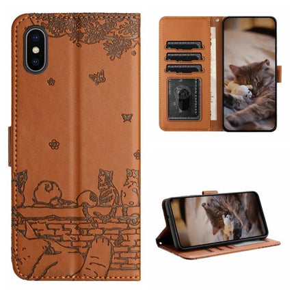 Leather Phone Case With Cat Design For Everyday Protection - brown PU wallet case with card slots, lanyard, built-in stand and engraved cat motif