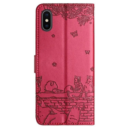Leather Phone Case With Cat Design For Everyday Protection - red PU wallet case with embossed cats, card slots, lanyard and built-in stand