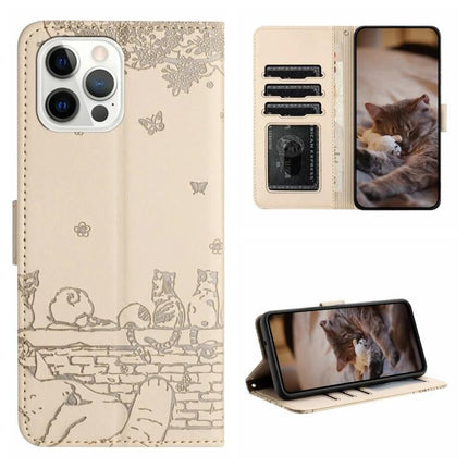 Leather Phone Case Cat Design For Daily Protection - beige PU wallet case with cat illustrations, card slots, lanyard and hands-free stand
