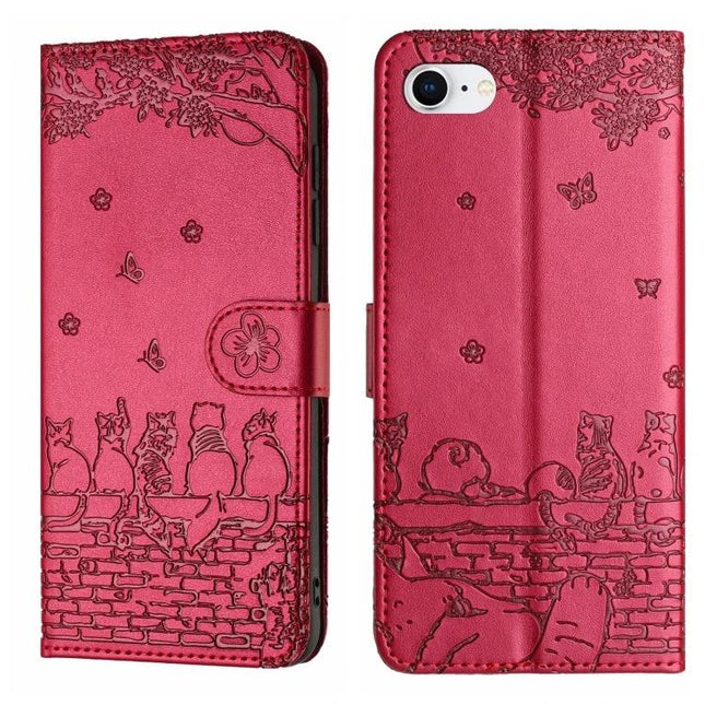 Leather Phone Case With Lanyard For Daily Essentials - red floral cat wallet folio with lanyard, card slots and low-profile protective PU cover