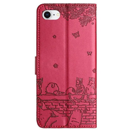 Leather Phone Case With Lanyard For Daily Essentials - red PU wallet case with lanyard, low-bulk protection and card slot, embossed cat design