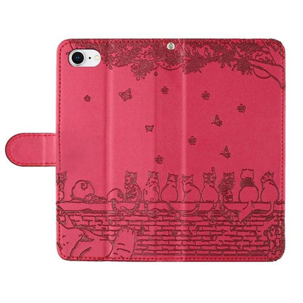 Leather Phone Case With Lanyard For Daily Essentials - pink PU wallet case with lanyard, cat and butterfly print, low-profile protective phone cover