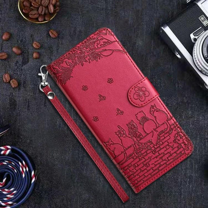 Cat Pattern Leather Phone Case With Lanyard For Everyday Carry And Quick Access On The Go - red PU wallet case with detachable lanyard and cat design