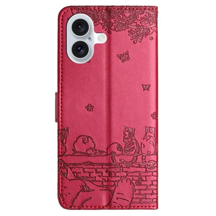 Cat Pattern Leather Phone Case With Lanyard For Everyday Carry And Quick Access On The Go, red PU wallet case with embossed cat design and detachable lanyard