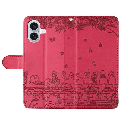 Cat Pattern Leather Phone Case With Lanyard For Everyday Carry And Quick Access On The Go - red PU leather wallet case with cat pattern and detachable lanyard