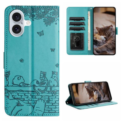 Cat Pattern Leather Phone Case With Lanyard For Everyday Carry And Quick Access On The Go - teal PU wallet case with cat design, card slots and detachable lanyard
