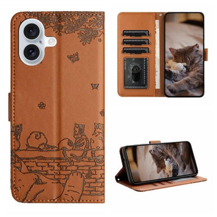 Cat Pattern Leather Phone Case With Lanyard For Everyday Carry And Quick Access On The Go - brown PU wallet case with cat design, card slots and detachable lanyard
