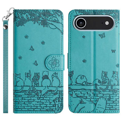 Phone Case With Lanyard For Everyday Use Keeps Your Phone Secure While You Run Errands Or Walk The Dog teal wallet-style case with wrist strap and cat design