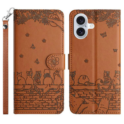 Leather Phone Case With Lanyard For Daily Essentials brown PU wallet case with cat embossed design and detachable wrist lanyard