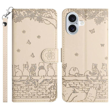Leather Phone Case With Lanyard For Daily Essentials - beige PU wallet case with cat sketch, built-in card slots and detachable lanyard