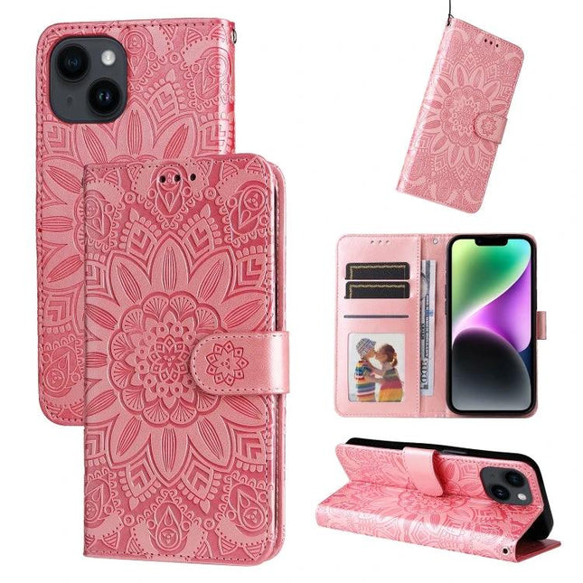 Sunflower Embossed Leather Case For Everyday iPhone 15 in pink wallet style with card slots, kickstand and sunflower motif