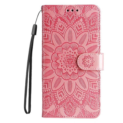 Sunflower Embossed Leather Case For Everyday iPhone 15 - pink wallet case with sunflower motif, card slots, kickstand and wrist strap
