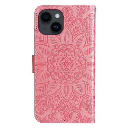 Sunflower Embossed Leather Case For Everyday iPhone 15 pink folio wallet with embossed sunflower design, card slots and kickstand