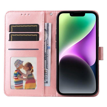 Sunflower Embossed Leather Case For Everyday iPhone 15 showing pink wallet case with card slots, photo frame, cash pocket and kickstand functionality