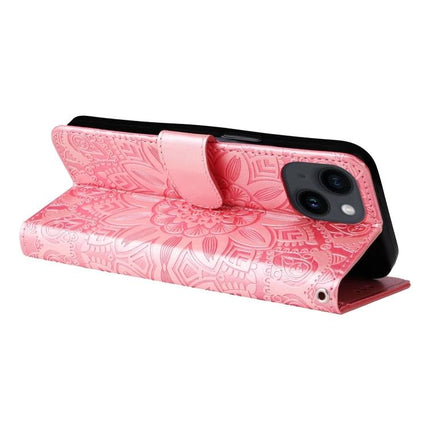 Sunflower Embossed Leather Case For Everyday iPhone 15 in pink wallet style with card slots, kickstand and sunflower embossed design