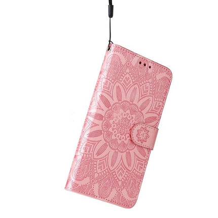 Sunflower Embossed Leather Case For Everyday iPhone 15 in pink wallet style with kickstand, card slots and embossed sunflower motif