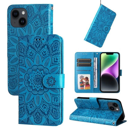 Sunflower Embossed Leather Case For Everyday iPhone 15 in blue with wallet card slots, photo frame and kickstand, protective PU/TPU folio