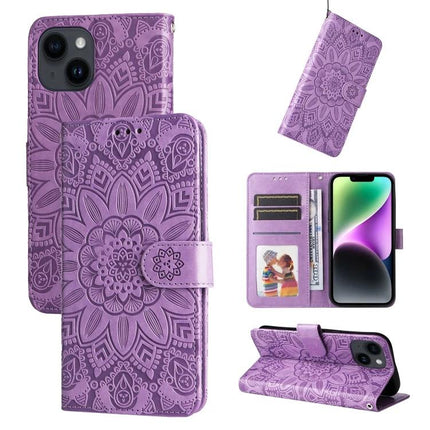 Sunflower Embossed Leather Case For Everyday iPhone 15 in purple with card slots, photo frame and kickstand, durable PU/TPU wallet-style phone cover