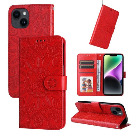 Sunflower Embossed Leather Case For Everyday iPhone 15 red wallet folio with card slots, kickstand, and sunflower motif