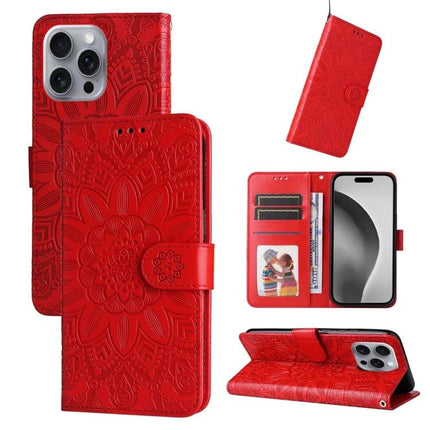 Embossed Sunflower Leather Phone Case For Daily Carry Everyday Protection And Subtle Style - red wallet-style PU case with card slots, stand and embossed sunflower design