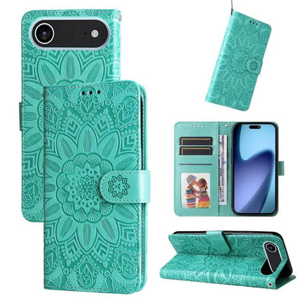 Embossed Sunflower Leather Phone Case For Daily Carry Everyday Protection And Subtle Style - teal wallet phone case with card slots and embossed sunflower design