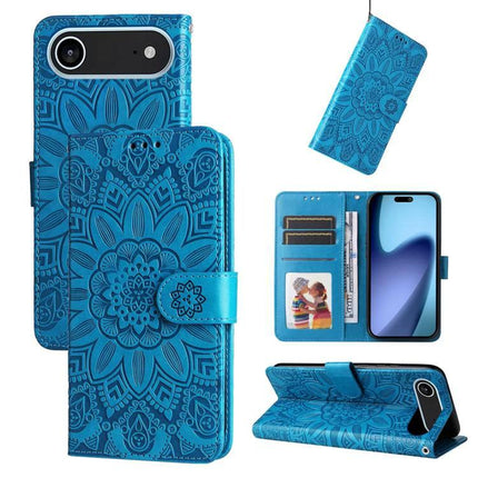 Embossed Sunflower Leather Phone Case For Daily Carry Everyday Protection And Subtle Style - blue wallet folio with card slots and embossed sunflower design