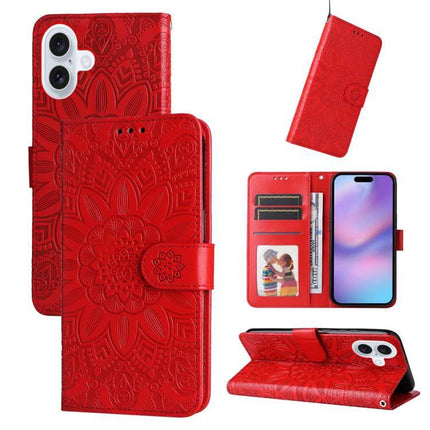 Embossed Sunflower Leather Phone Case With Card Slots for Everyday On The Go For Daily Errands - red embossed sunflower PU wallet case with card slots