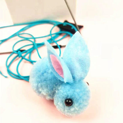 Hanging Cat Toy for Everyday Indoor Play and Fun - blue plush bunny pom-pom dangling toy for cats attached to cord